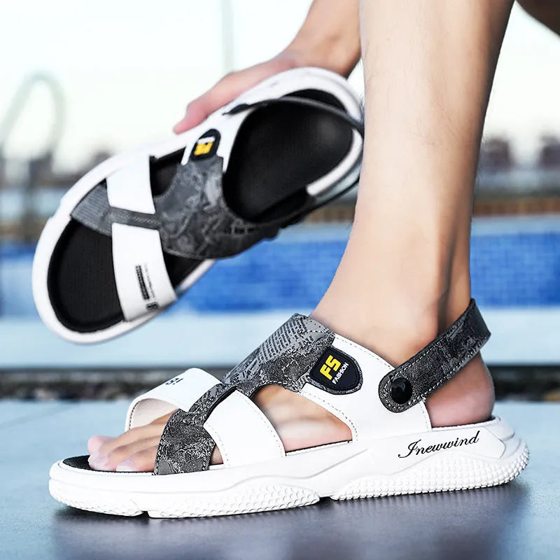 Men's summer open toe sandal in black with non-slip PVC sole and microfiber leather upper