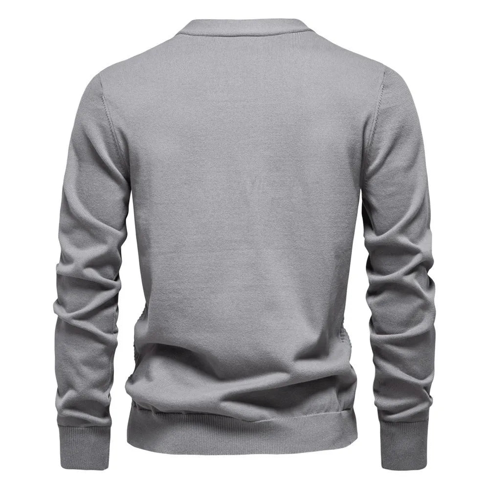 Men's V-neck slim fit cotton cardigan sweater in gray, long sleeves, autumn casual top