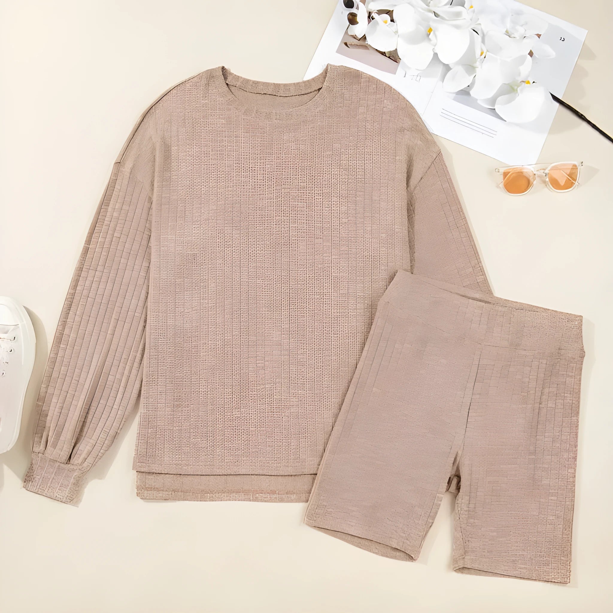 Dark khaki ribbed lantern sleeve sweater and motorcycle knit shorts set on woman