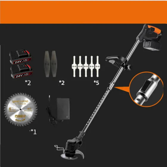 Cordless electric lawn mower with stainless steel telescopic tube and alloy cutter head on grass