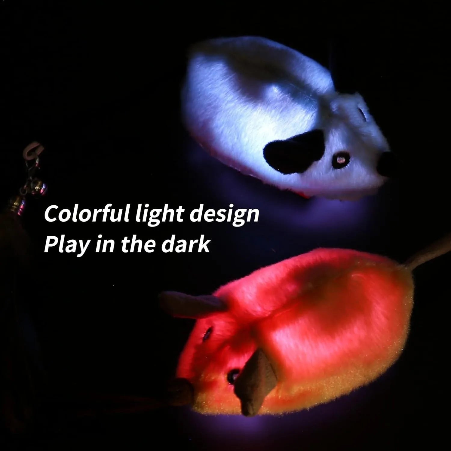 Grey and yellow plush automatic cat toy mouse with feather tail and LED lights