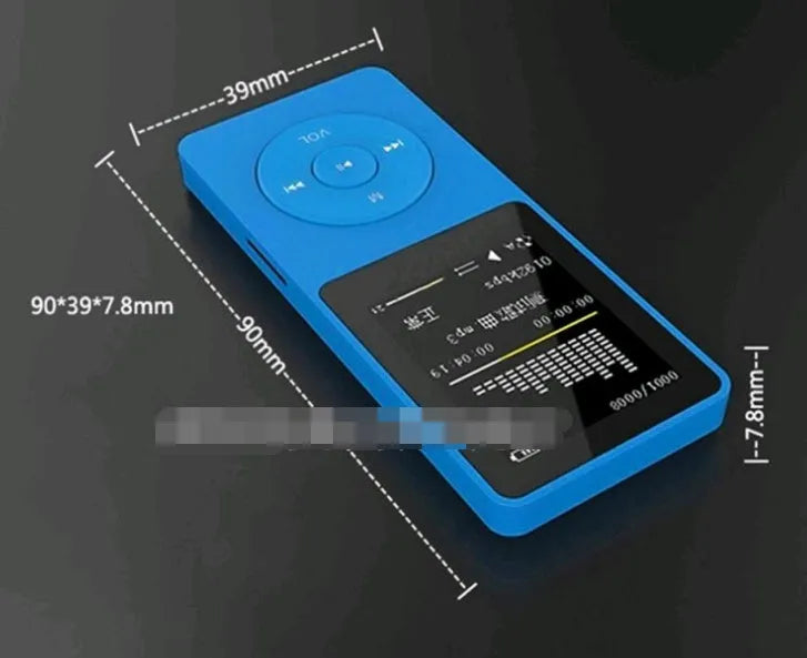 Black 1.8 inch screen MP4 player showing menu on colour display, next to headphones.