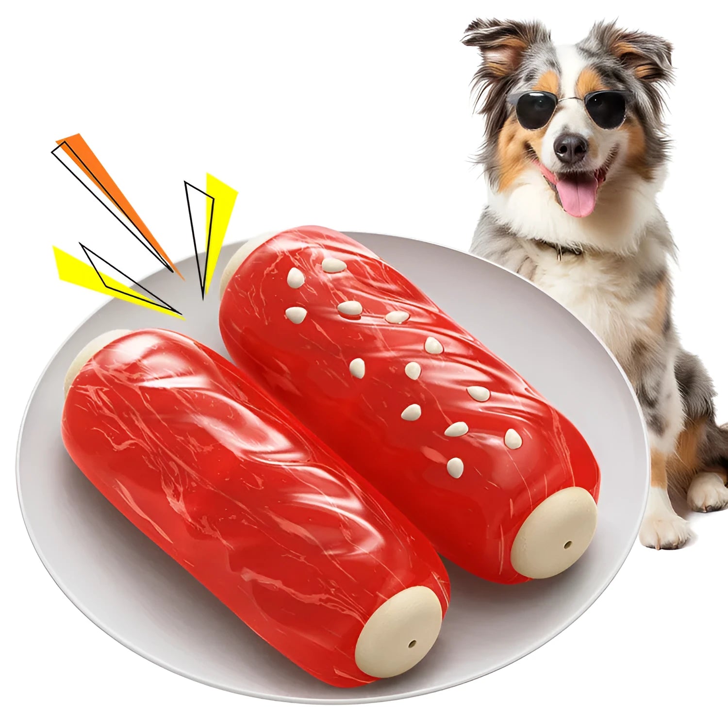 Hard plastic rod-shaped dog chew toy in a primary colour.