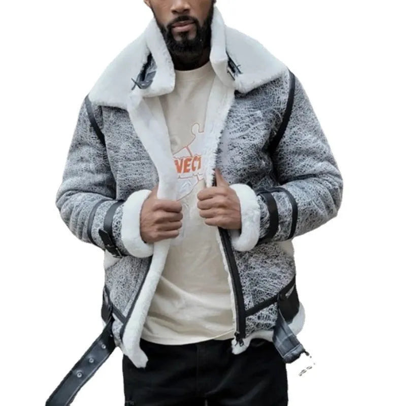 Men's grey polyester jacket with big fur collar, loose fit, zip front, available in sizes S to 5XL