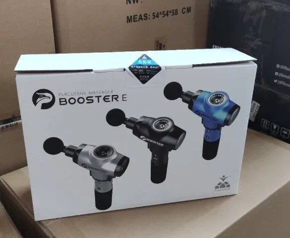 Black and white rechargeable muscle massager gun with adjustable speed settings.