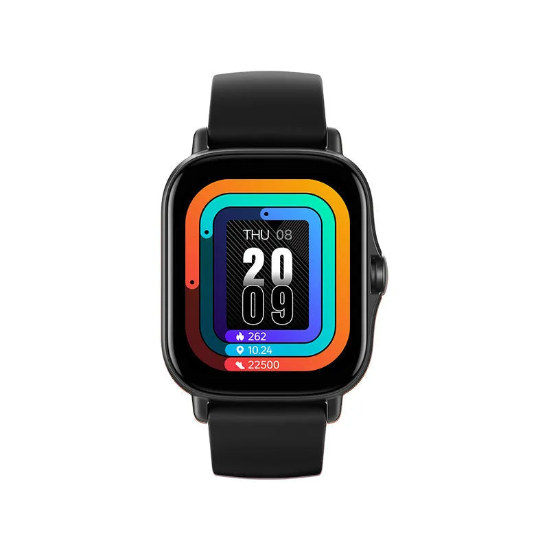 GT20 black smartwatch with alloy case and silicone strap showing heart rate monitoring on screen