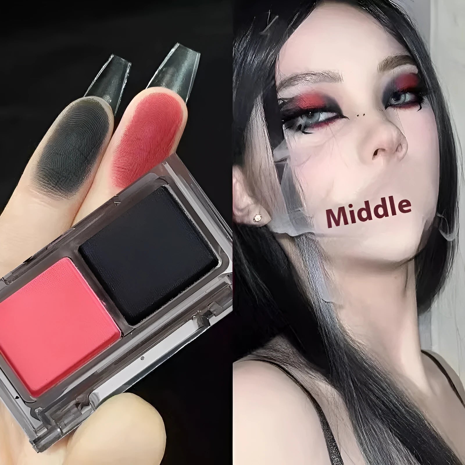 DIKALU two-tone eyeshadow compact showing pink and black shades with matte and shimmer finishes.