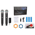 2.4G wireless handheld microphone set with two microphones and one receiver, noise reduction, rechargeable battery, silver network.