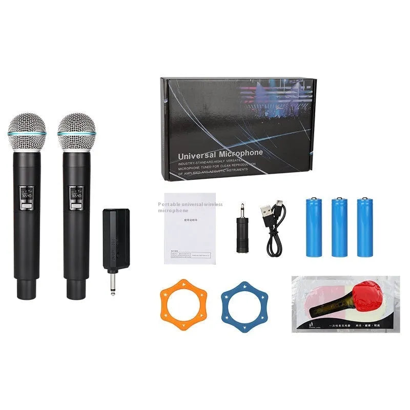 2.4G wireless handheld microphone set with two microphones and one receiver, noise reduction, rechargeable battery, silver network.