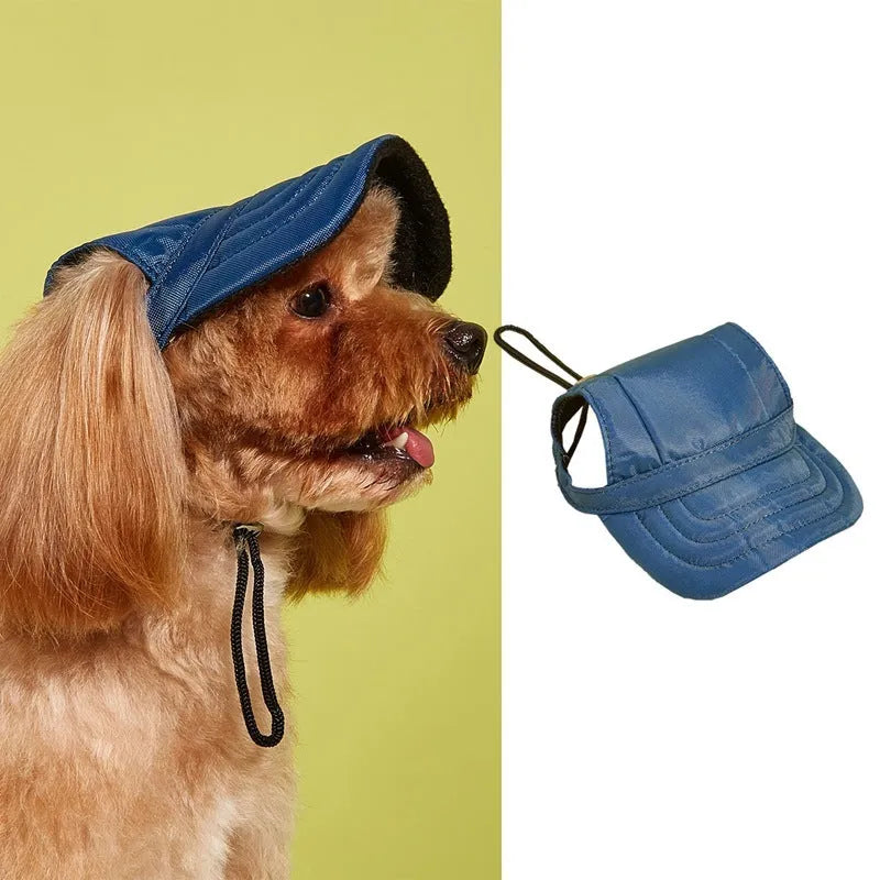 Pet baseball cap made of canvas with adjustable sizing, shown in a plaid pattern for sun protection