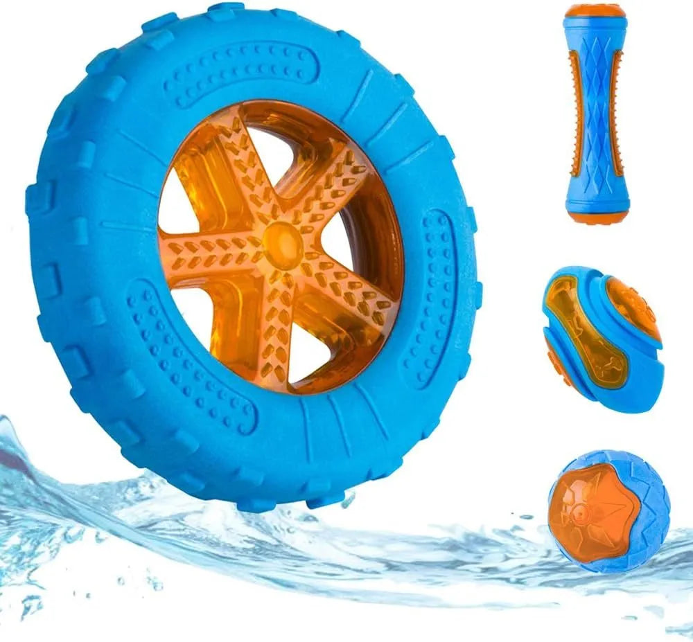 Three floating TPR dog toys: a squeaky ball, barbell, and tyres for water and land play.