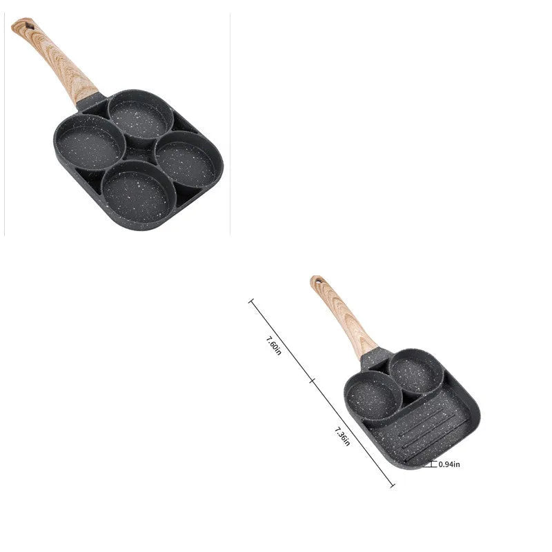 Non-stick egg dumpling frying pan in black aluminium with two holes for cooking breakfast burgers