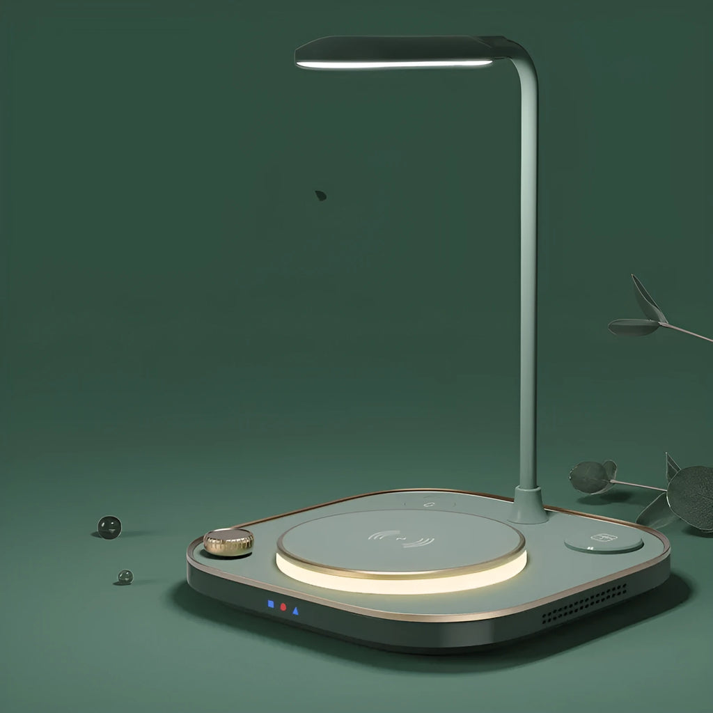 Black wireless magnetic charging station with desk lamp showing three smartphones charging simultaneously
