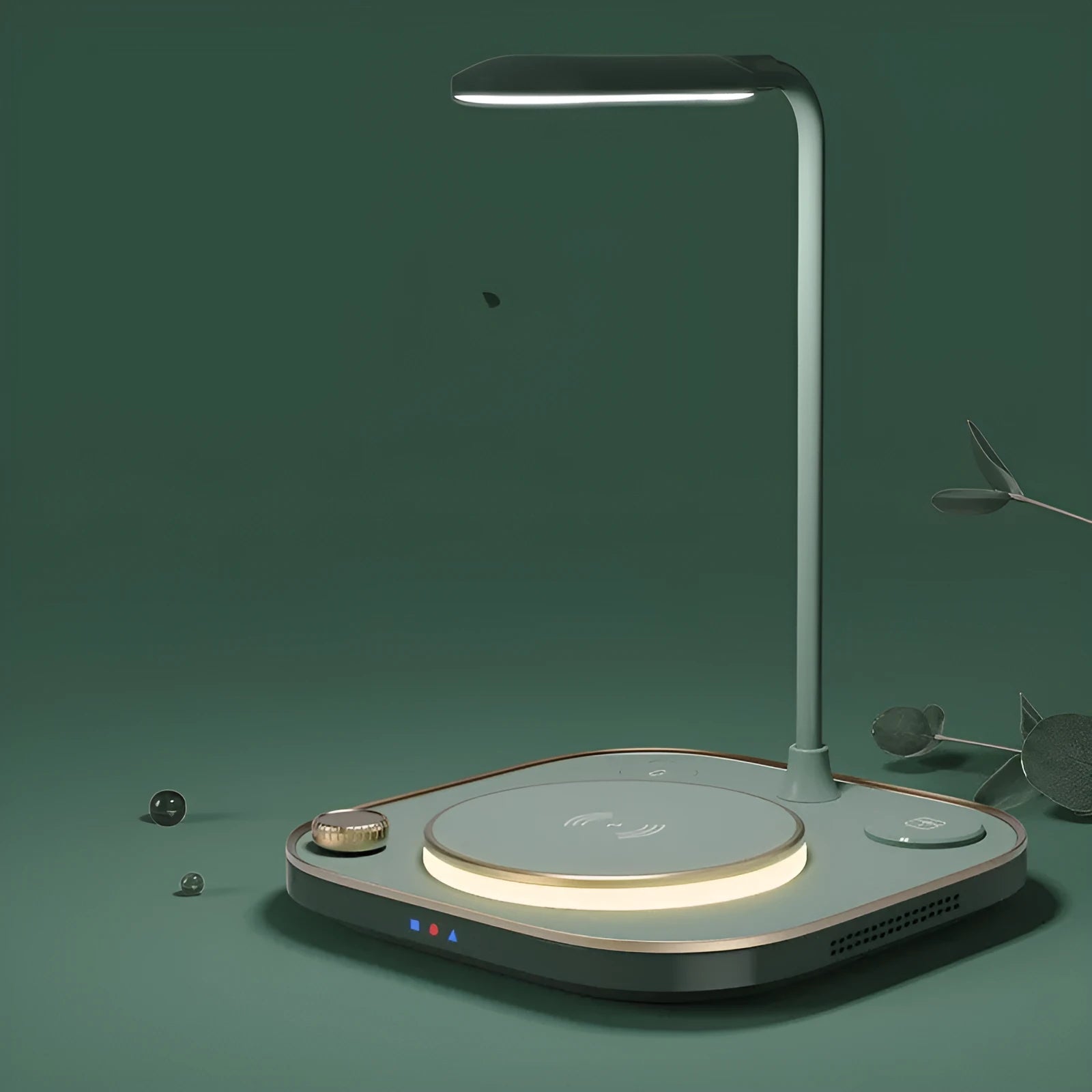 Black wireless magnetic charging station with desk lamp showing three smartphones charging simultaneously