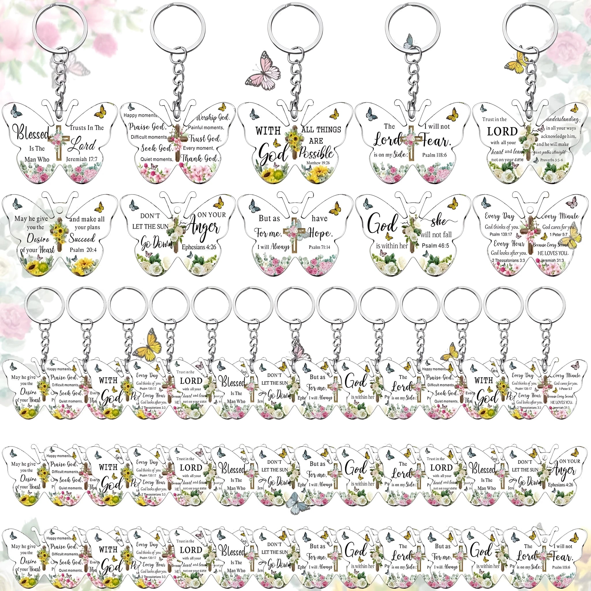 Set of acrylic key pendants with Easter, Halloween, and Christmas designs in clear high-transparency finish