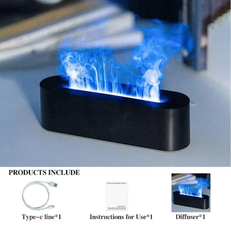 White square ultrasonic flame aroma diffuser and humidifier with LED light on a table.
