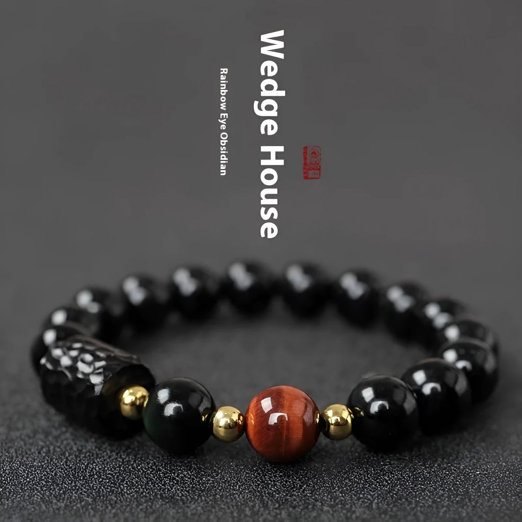 Obsidian bracelet with 10mm yellow tiger eye beads showing manual processing details and retro circle style