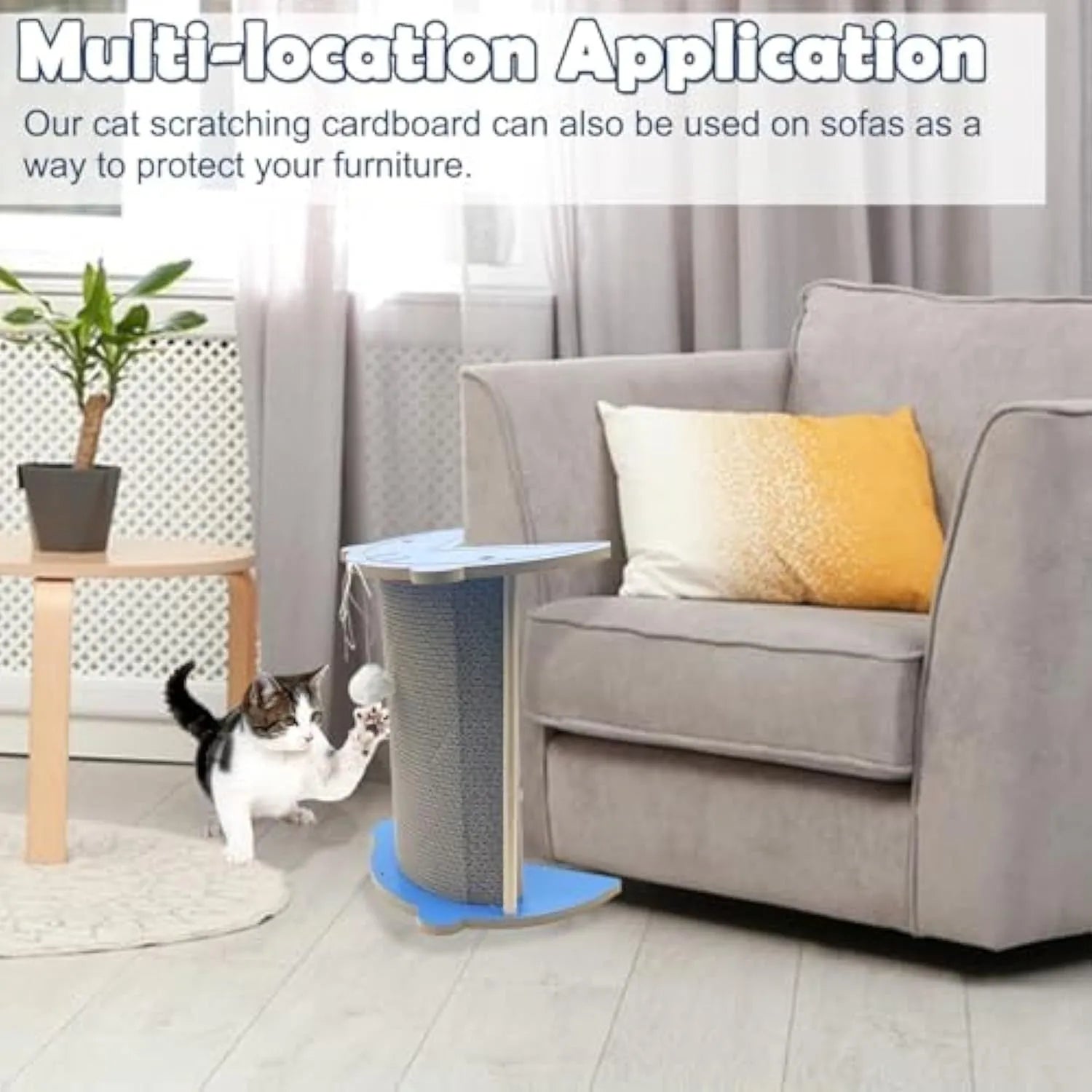 Corner-shaped cardboard cat scratching pad with a hanging ball attached, placed in a room corner.