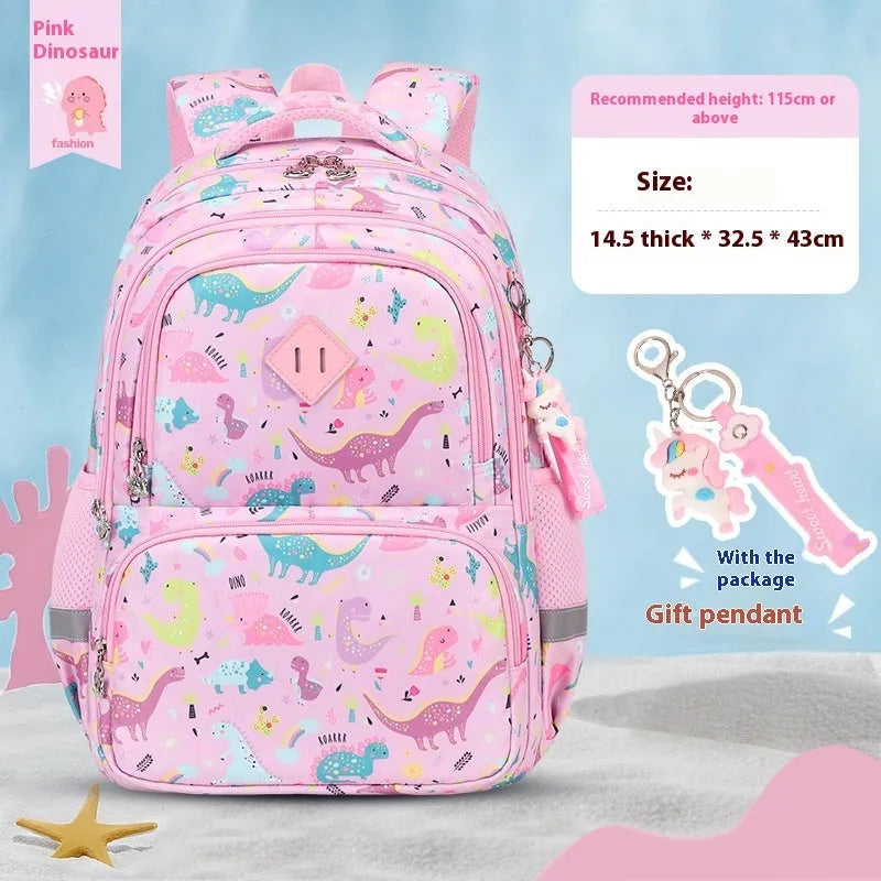 Blue children's Oxford cloth backpack with dinosaur print and curved shoulder straps.
