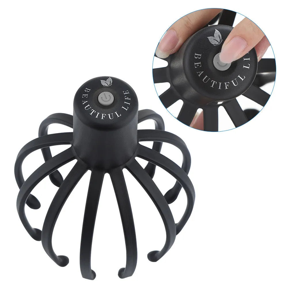 Black electric scalp massager with 12 TPE flexible massage arms and USB charging cable on white background
