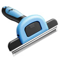 Blue dog grooming comb with removable stainless steel teeth on a plastic handle.