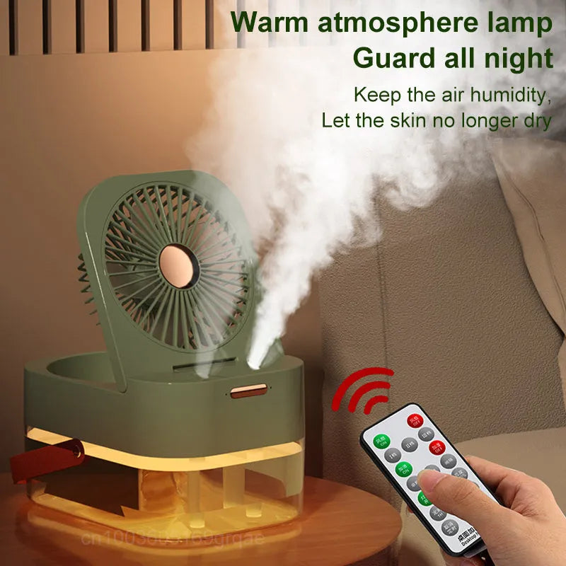 USB-powered desktop humidifier fan with large water tank and remote control on a wooden desk