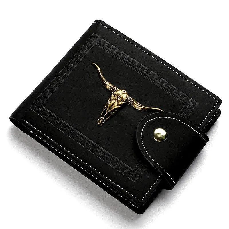 Black animal print men's wallet with multiple card slots and zipper closure