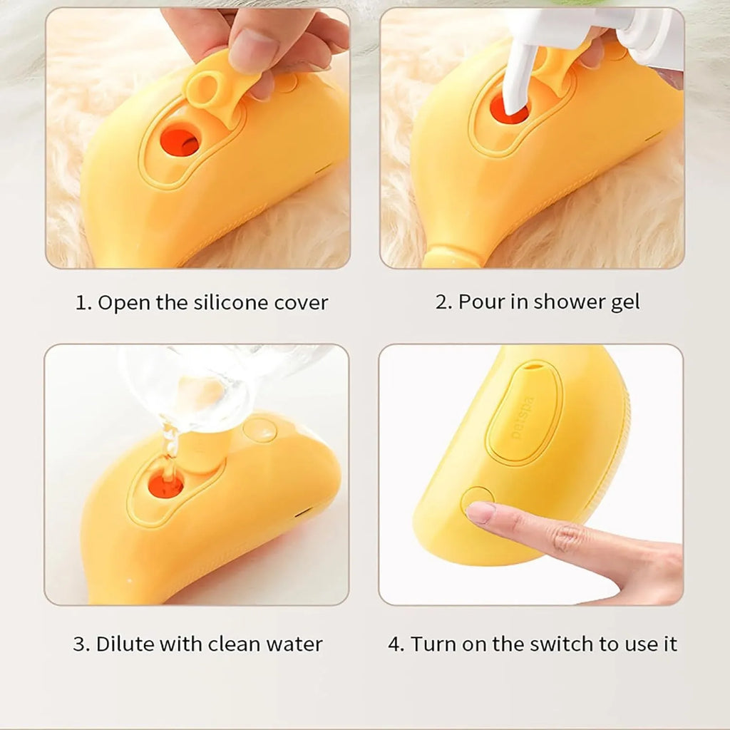 Green and yellow 3-in-1 cat steam brush with silicone construction and paw-shaped teeth