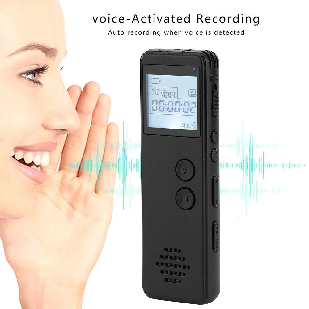 Long distance MP3 digital voice recorder with noise reduction, one-key recording, 128Kbps, black ABS casing