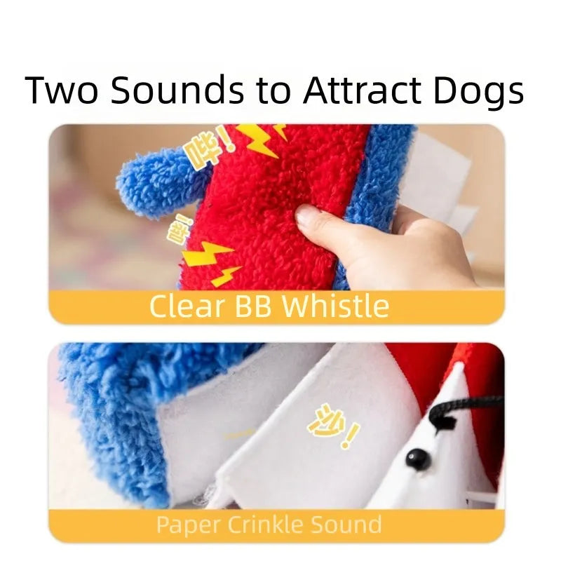 Blue accordion dog squeak toy with food hiding compartment on white background