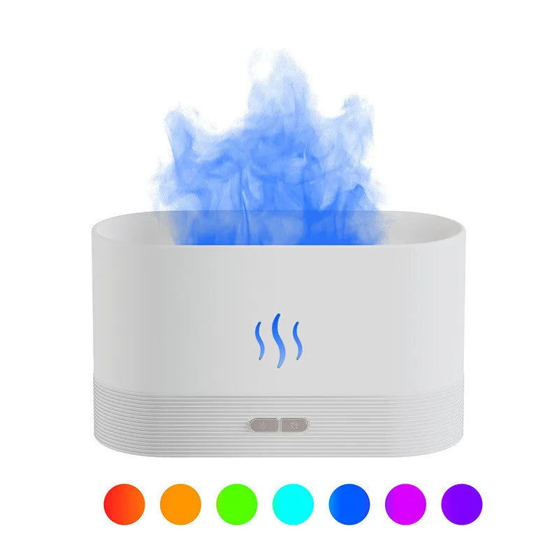 Ultrasonic aroma diffuser with flame light, black, 75x75x137mm, on wooden table with mist