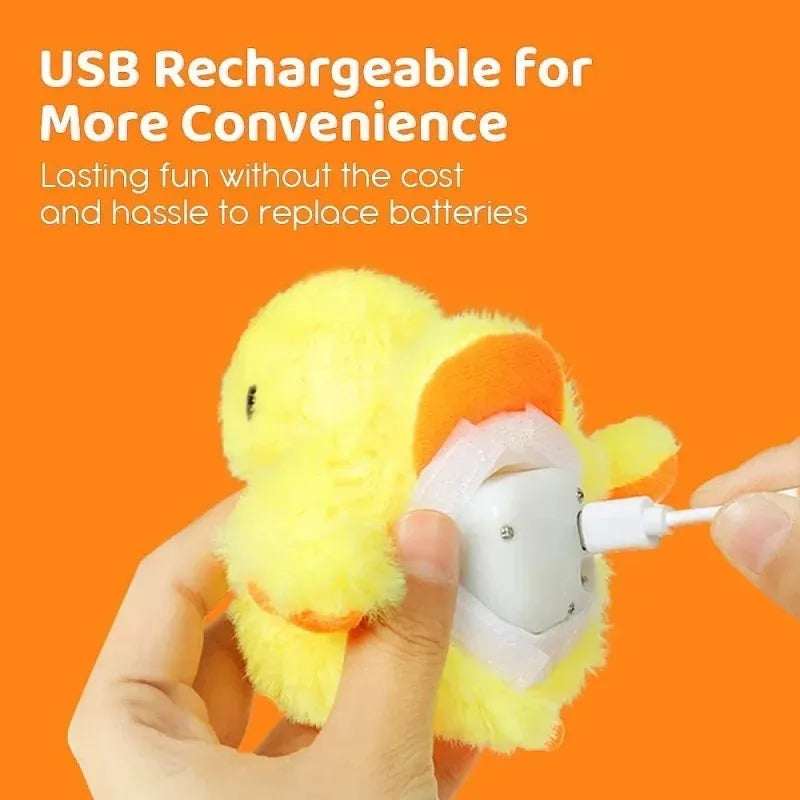Yellow flapping duck cat toy with catnip filling and USB charging cable