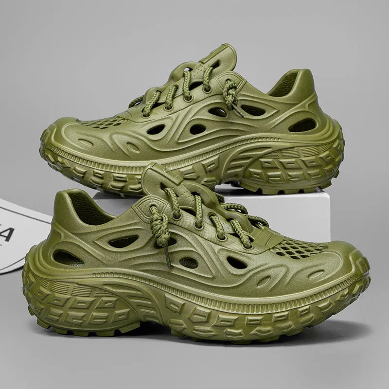 Men's Army Green EVA sandals with thick sole, covered heel, and hollow-out design.