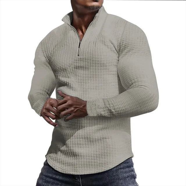 Men's stand collar half zip plaid sweater in polyester, available in multiple colours, front view