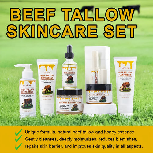 Butter Honey seven-piece skincare set box containing facial cleanser, face cream, lipstick, lotion, scrub, protective cream, and beef fat product.