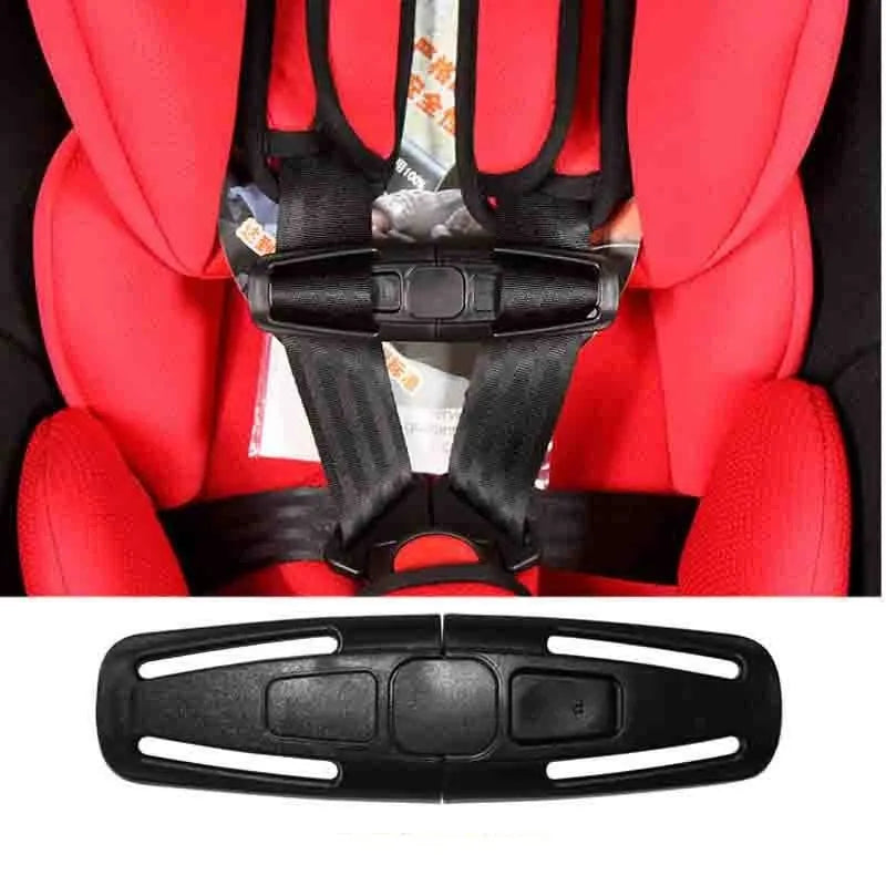 Black nylon seat belt buckle clip for child car seat 5-point harness.
