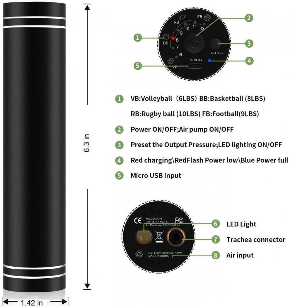 Black wireless USB electric air pump with warning light and needle nozzle for inflating footballs and balloons