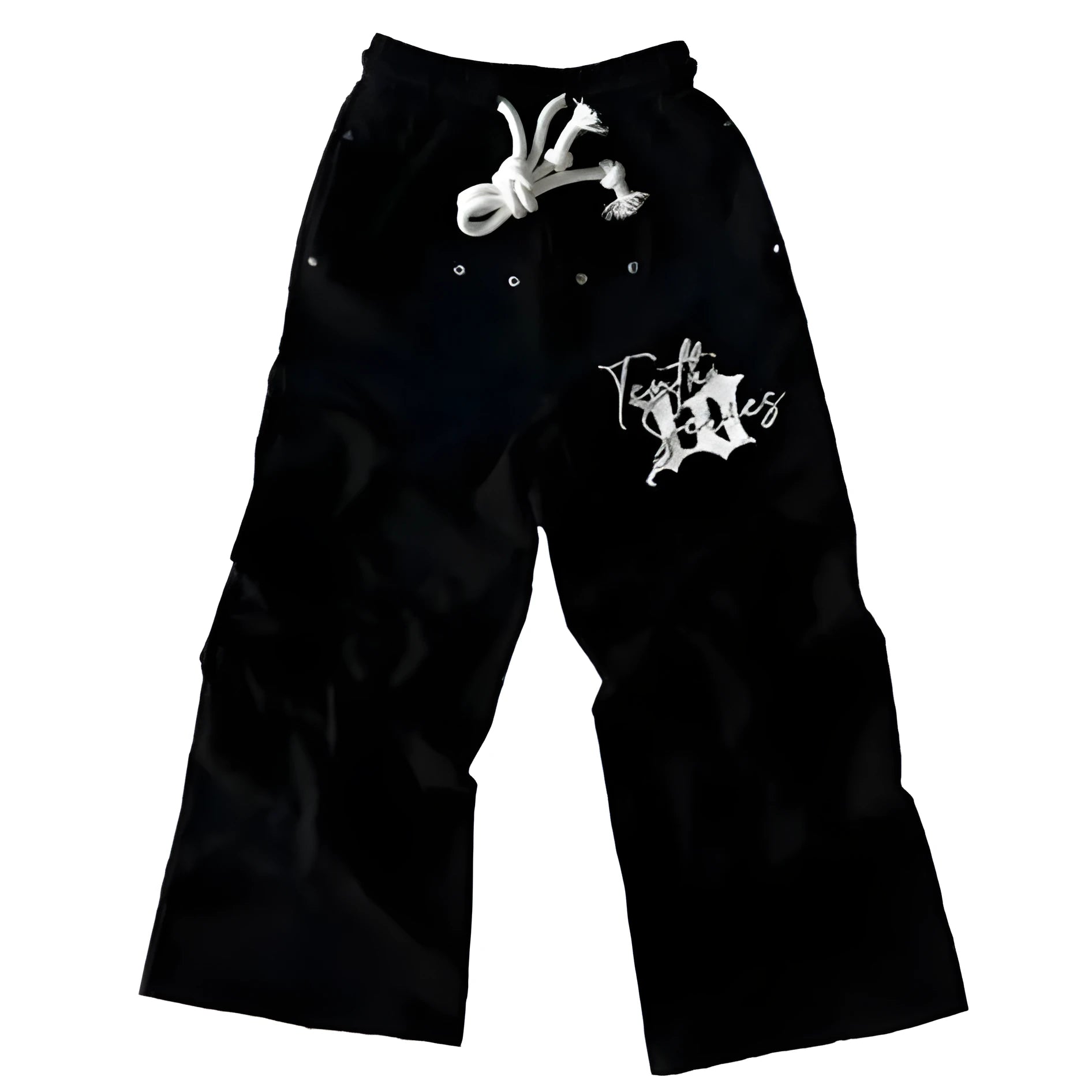 Black fleece embroidered printed loose fit pullover sweatpants on a model