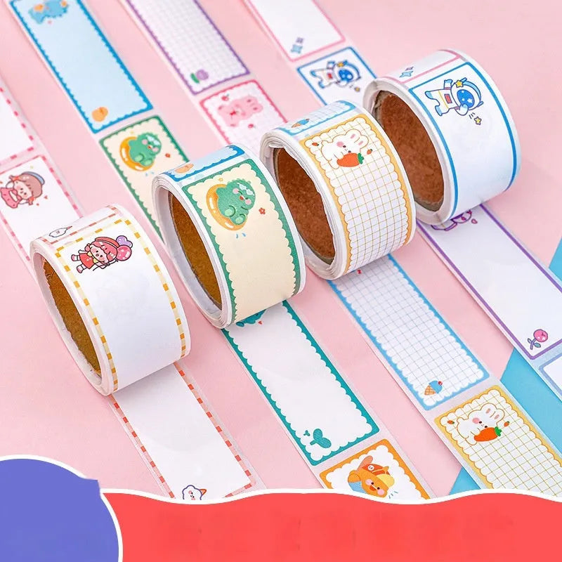 Roll of cartoon name stickers with dinosaur, astronaut, rabbit and girl design options