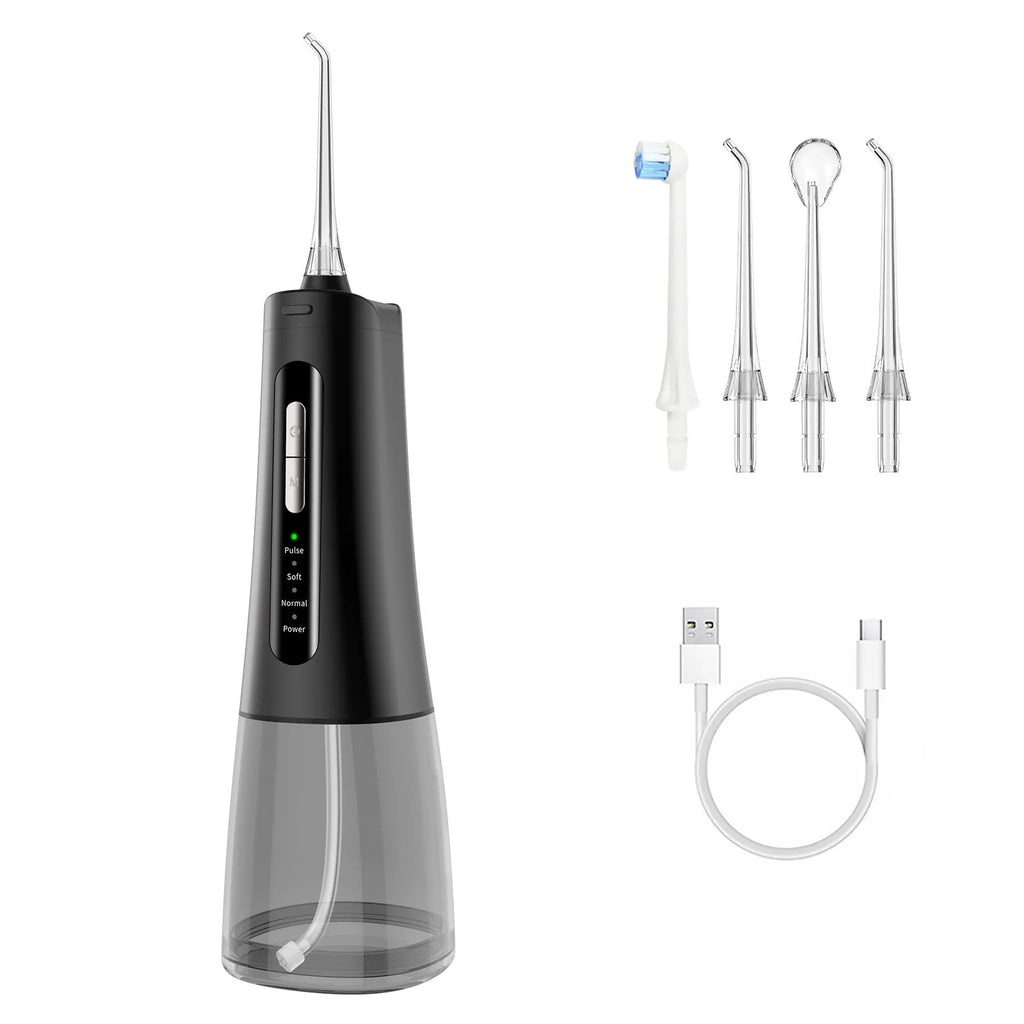 Black rechargeable oral irrigator with 300ml to 400ml tank and four nozzles on white background