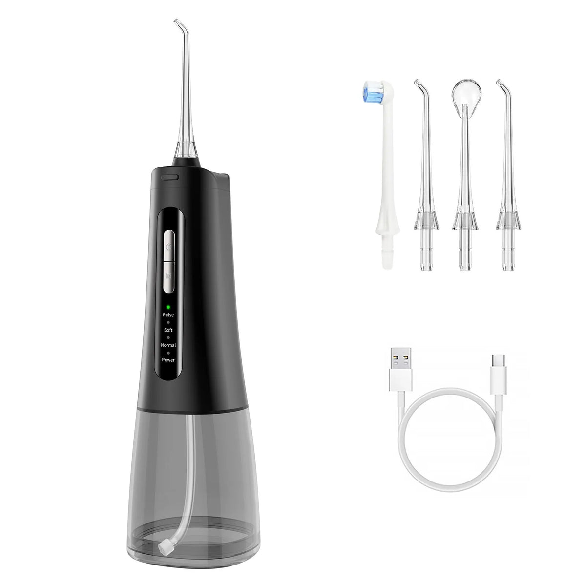 Black rechargeable oral irrigator with 300ml to 400ml tank and four nozzles on white background