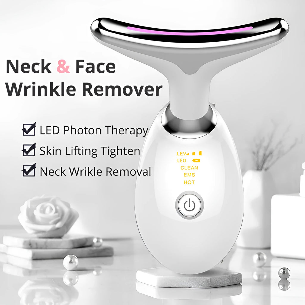 Black and silver EMS thermal neck lifting massager with LED lights for wrinkle reduction and skin tightening.
