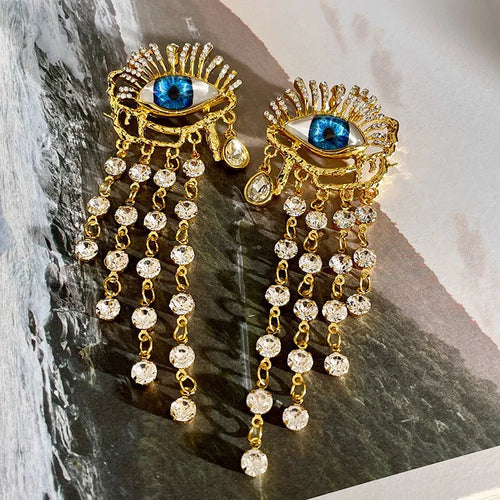 Gold plated artificial crystal zircon long tassel earrings with vintage eye design and Sterling Silver needle