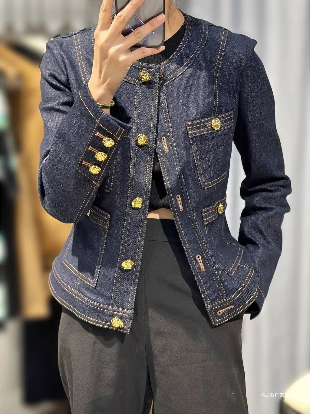 Dark blue sleeveless denim short coat for women in chenille fabric with spandex stretch, early autumn style