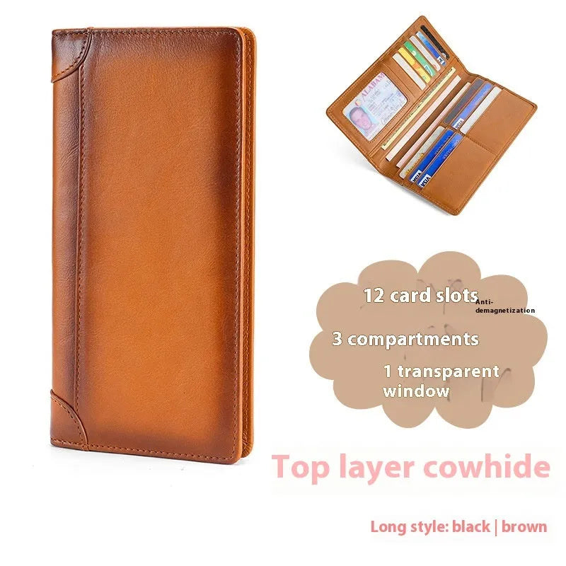 Men's genuine leather wallet in polished brown short vertical layout with cowhide lining and anti-theft function