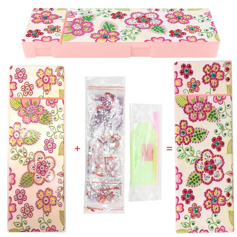 DIY diamond painting kit for making a personalised PU leather pencil case or wrist bag with resin sequins.