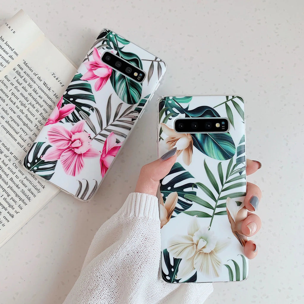 Samsung TPU phone case with green leaf flower pattern for S8 S9 S10 S20 A51 Note10 series