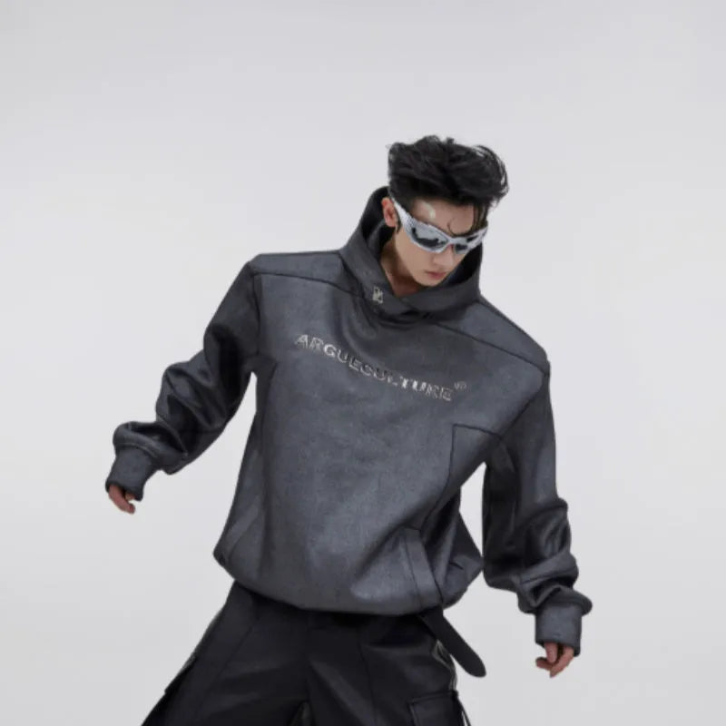 Men's loose hooded sweater with metal three-dimensional printing and structured shoulder pads