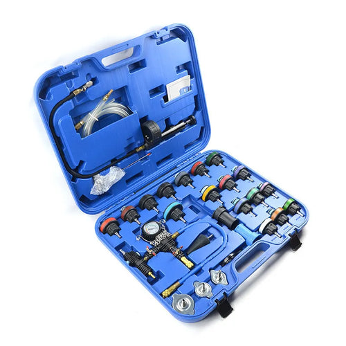 28-piece automotive radiator pressure tester kit with vacuum purge tools in blue plastic storage case