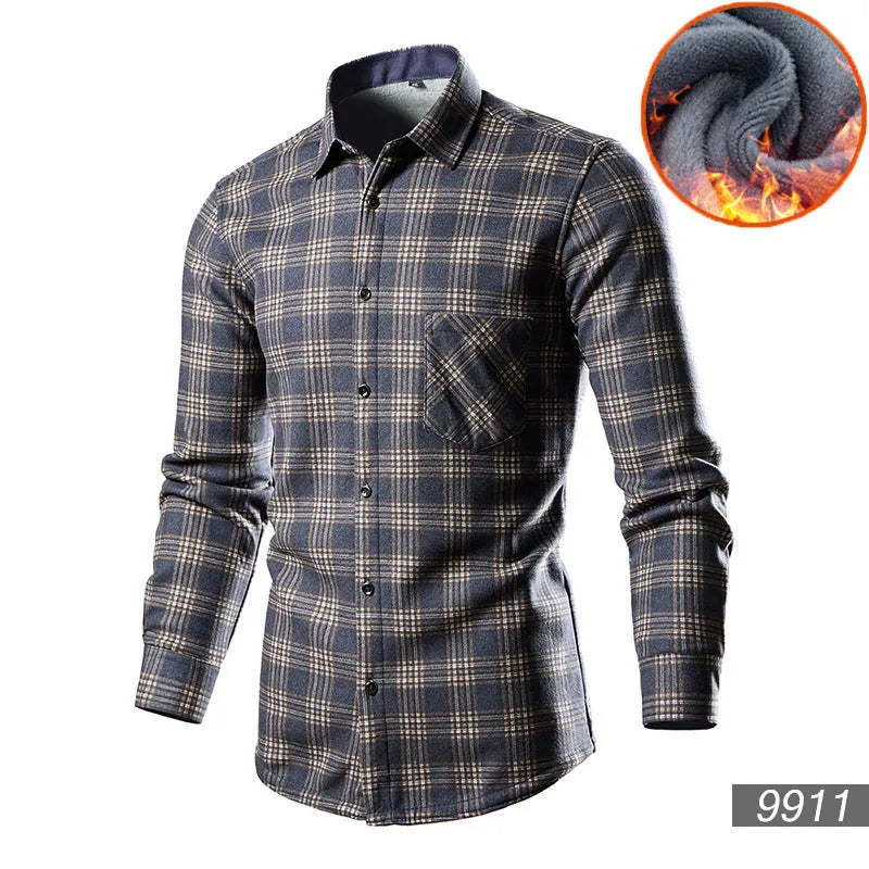 Men's loose-fitting fleece-lined cotton blend cardigan shirt in a solid colour
